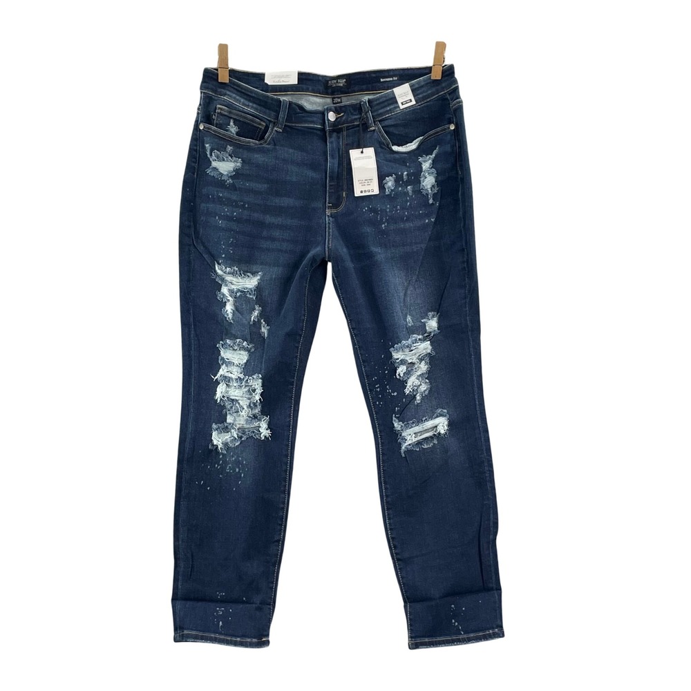 Judy Blue Boyfriend Jeans Women 20W Blue Bleach Splash Distressed Mid Rise Denim